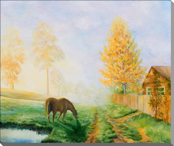 Купить и печать на заказ Картины на пластике, пеноркартоне Сельский пейзаж с лошадью