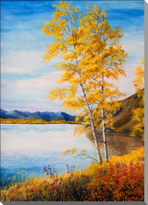 Купить и печать на заказ Картины на пластике, пеноркартоне Две березы на берегу