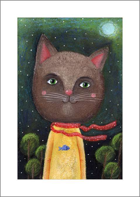Купить и печать на заказ Картины, фото с паспарту Сказочный кот на фоне ночного пейзажа