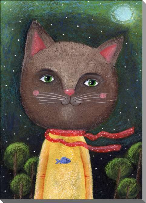 Купить и печать на заказ Картины на пластике, пеноркартоне Сказочный кот на фоне ночного пейзажа