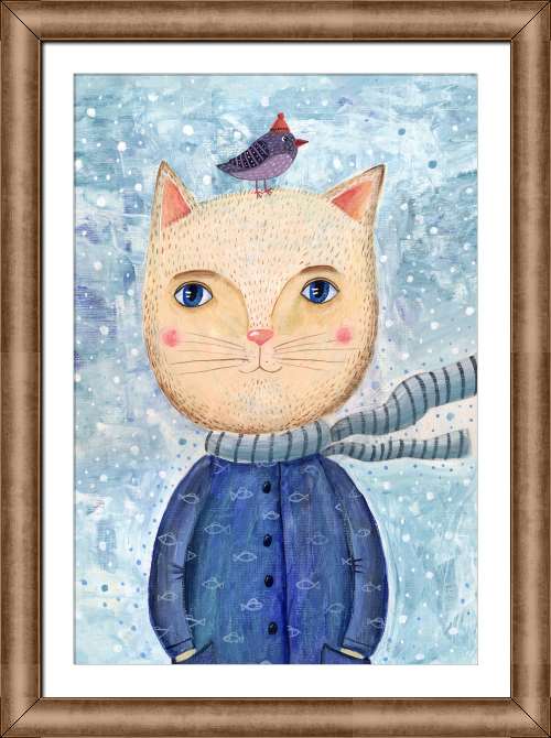 Купить и печать на заказ Картины на холсте Портрет кота с птицей на голове