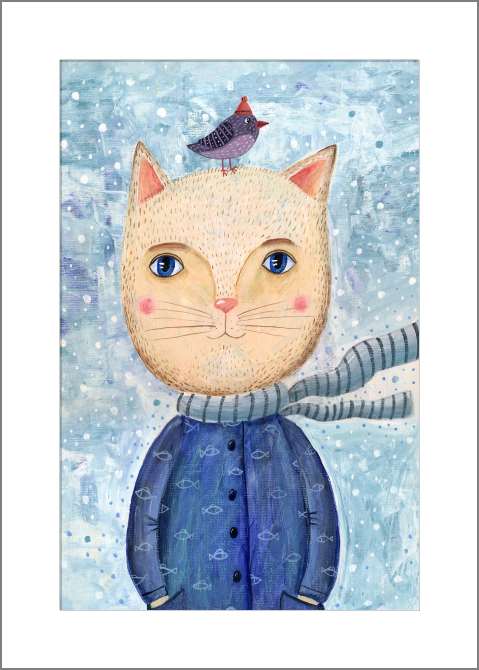 Купить и печать на заказ Картины, фото с паспарту Портрет кота с птицей на голове