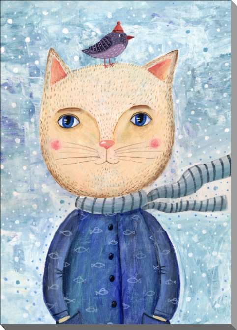 Купить и печать на заказ Картины на пластике, пеноркартоне Портрет кота с птицей на голове