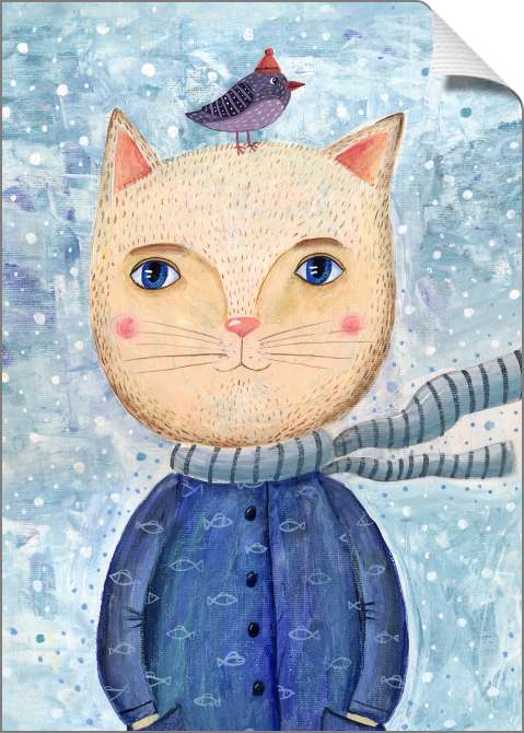 Купить и печать на заказ Картины на холсте Портрет кота с птицей на голове