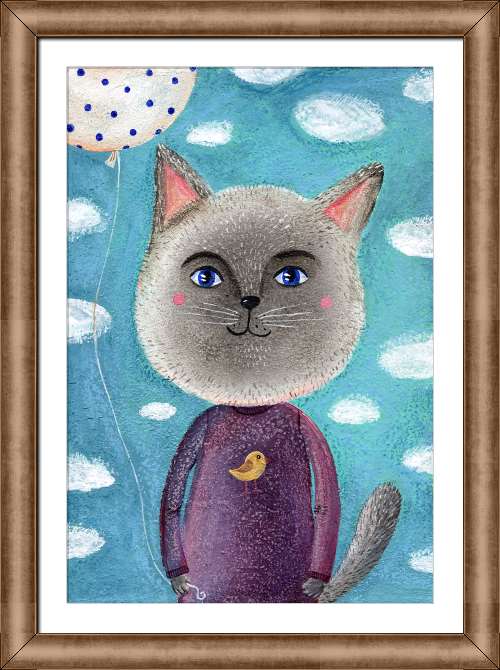 Купить и печать на заказ Картины на холсте Сказочный кот с воздушным шаром и птичкой