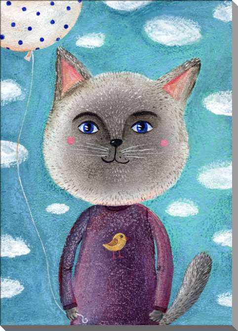 Купить и печать на заказ Картины на пластике, пеноркартоне Сказочный кот с воздушным шаром и птичкой