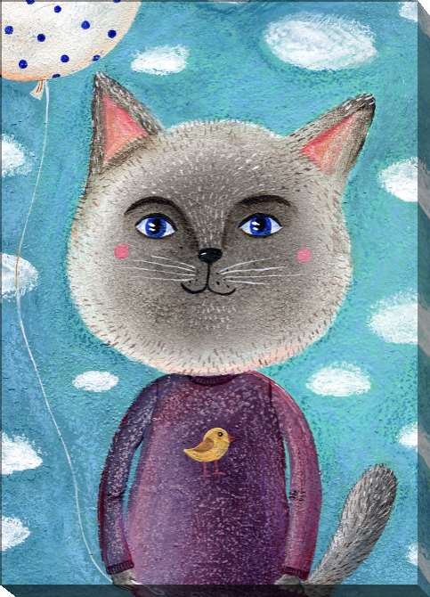Картины на холсте Fabulous cat with a balloon and bird