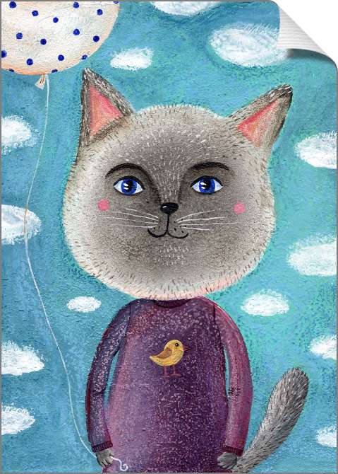 Купить и печать на заказ Картины на холсте Сказочный кот с воздушным шаром и птичкой