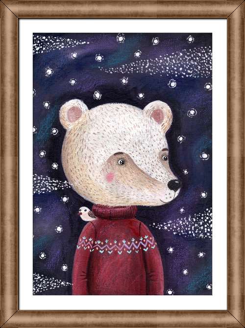 Купить и печать на заказ Картины на холсте Белый медведь в бордовом свитере с птичкой