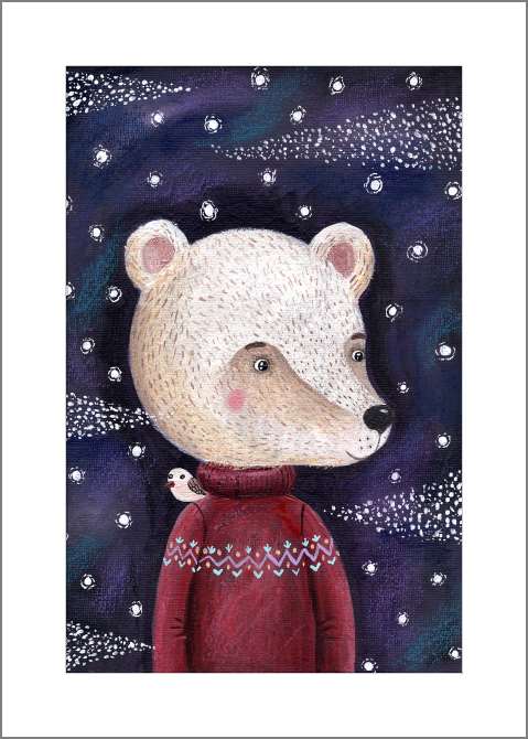 Купить и печать на заказ Картины, фото с паспарту Белый медведь в бордовом свитере с птичкой