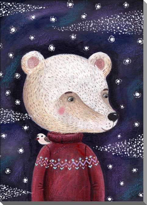 Купить и печать на заказ Картины на пластике, пеноркартоне Белый медведь в бордовом свитере с птичкой