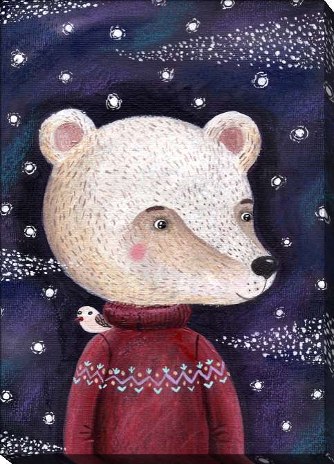 Картины на холсте Polar bear in Burgundy sweater with a bird