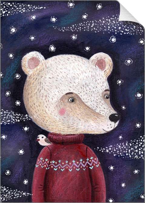 Купить и печать на заказ Картины на холсте Белый медведь в бордовом свитере с птичкой