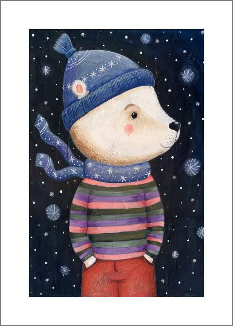 Купить и печать на заказ Картины, фото с паспарту Белый медведь в шарфе и шапке