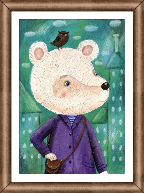 Купить и печать на заказ Картины на холсте Сказочный белый медведь на городском фоне