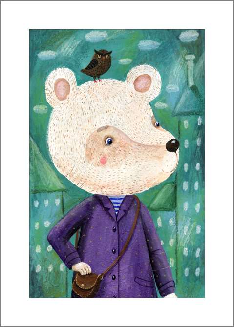 Купить и печать на заказ Картины, фото с паспарту Сказочный белый медведь на городском фоне