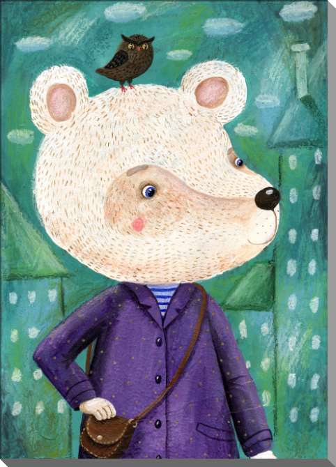 Купить и печать на заказ Картины на пластике, пеноркартоне Сказочный белый медведь на городском фоне