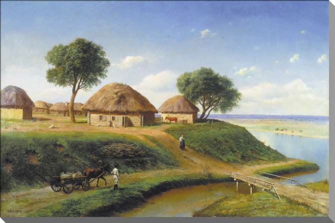 Картины на пластике, пеноркартоне Деревня у реки