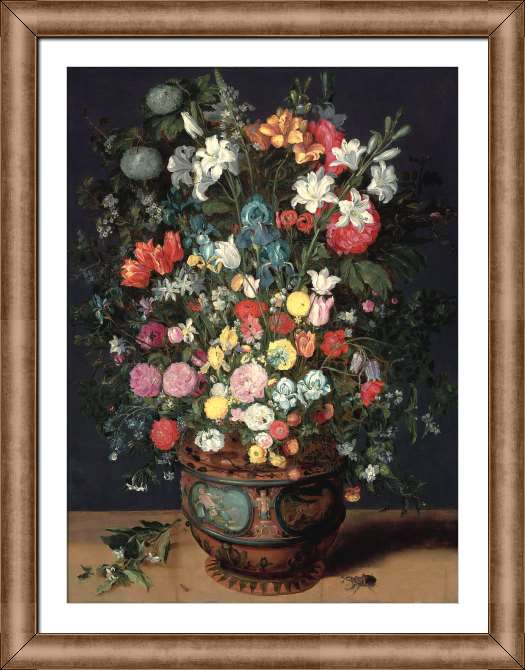 Картины на холсте Лилии, ирисы, тюльпаны розы, первоцветы и пионы в вазе, украшенной фигурами Цереры и Амфитриты