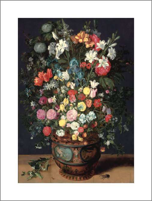 Картины на холсте Лилии, ирисы, тюльпаны розы, первоцветы и пионы в вазе, украшенной фигурами Цереры и Амфитриты