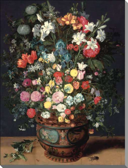 Картины на пластике, пеноркартоне Лилии, ирисы, тюльпаны розы, первоцветы и пионы в вазе, украшенной фигурами Цереры и Амфитриты