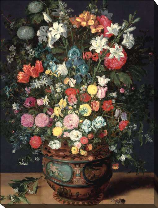 Paintings on canvas Lilies, irises, tulips, roses, primroses and peonies in a vase decorated with figures of Ceres and Amphitrite