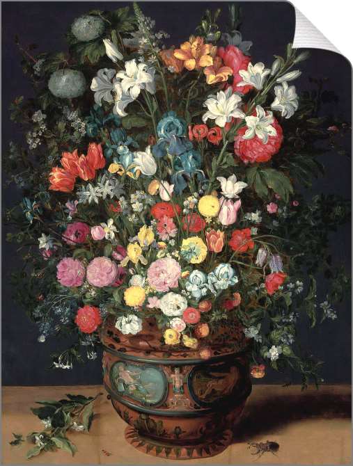 Картины на холсте Лилии, ирисы, тюльпаны розы, первоцветы и пионы в вазе, украшенной фигурами Цереры и Амфитриты