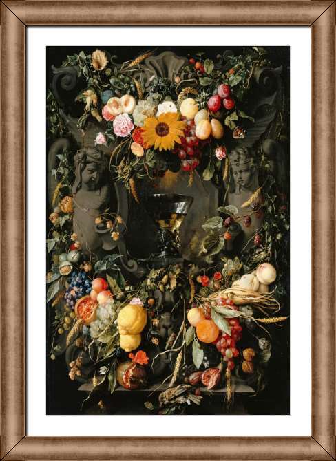 Картины на холсте Бокал вина в цветочных и фруктовых гирляндах