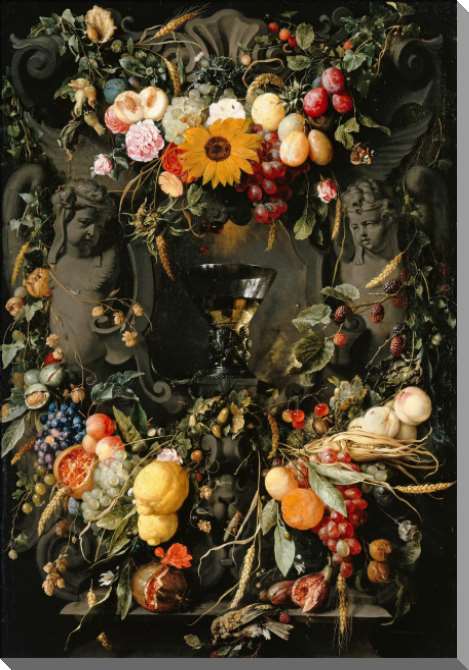 Картины Бокал вина в цветочных и фруктовых гирляндах