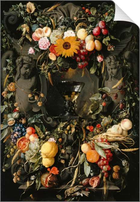 Картины на холсте Бокал вина в цветочных и фруктовых гирляндах