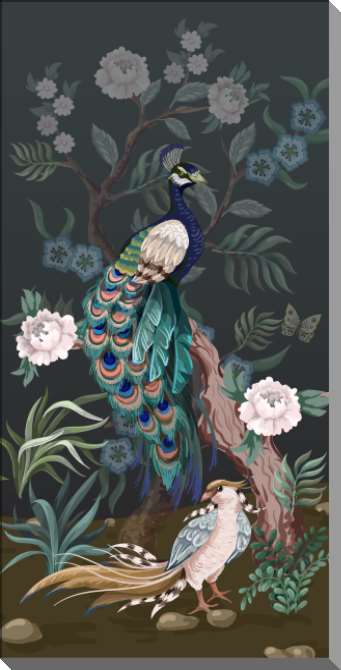Картины на пластике, пеноркартоне Павлин на дереве с пионами