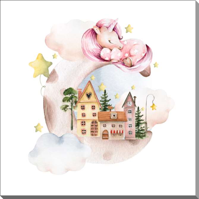 Картины на пластике, пеноркартоне Милый единорог на луне со звездами