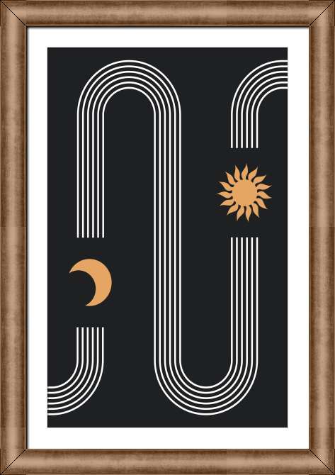 Картины на холсте Линейная абстракция луна и солнце на темном фоне