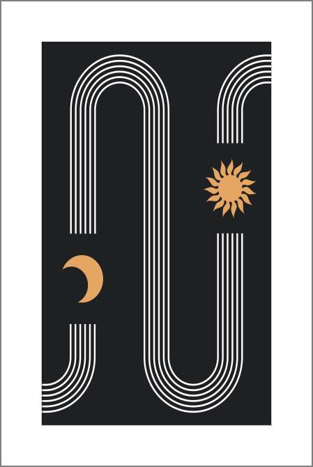 Картины на холсте Линейная абстракция луна и солнце на темном фоне