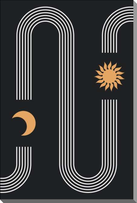 Картины на пластике, пеноркартоне Линейная абстракция луна и солнце на темном фоне