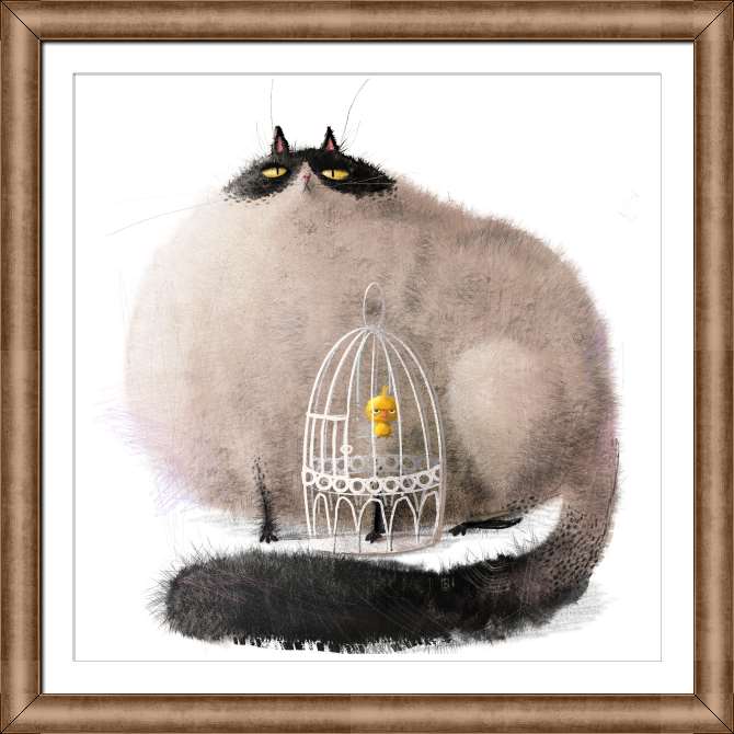 Картины на холсте Мультяшный кот и птица в клетке