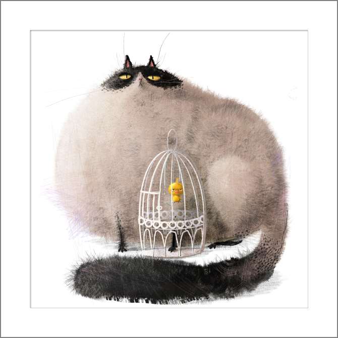 Картины на холсте Мультяшный кот и птица в клетке