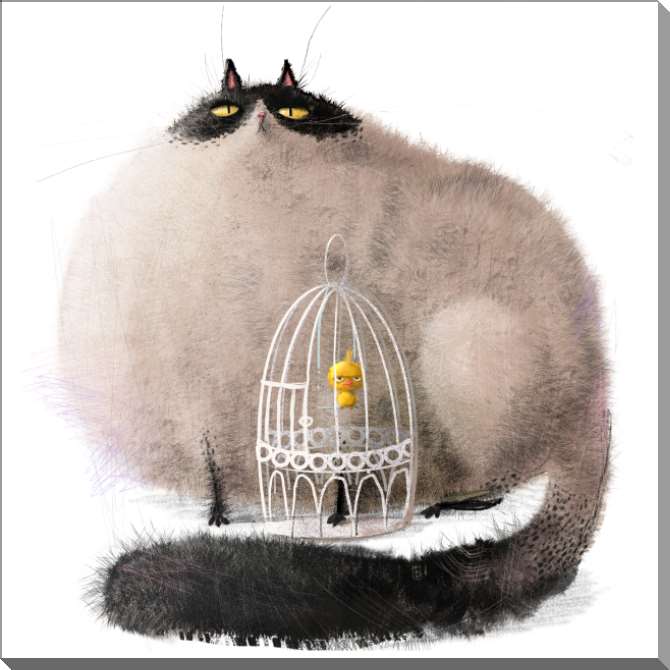 Картины на пластике, пеноркартоне Мультяшный кот и птица в клетке