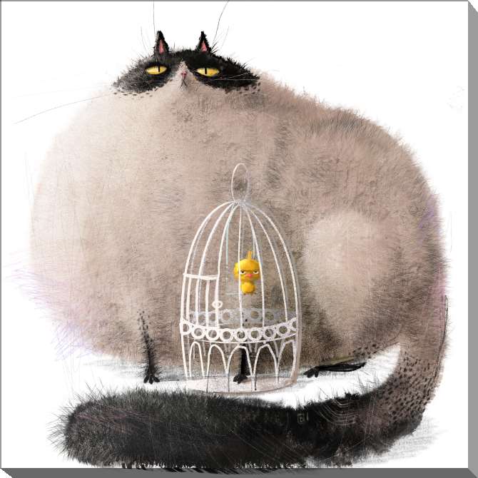 Картины на холсте Cartoon cat and bird in a cage