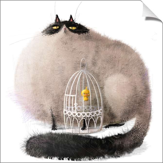 Картины на холсте Мультяшный кот и птица в клетке