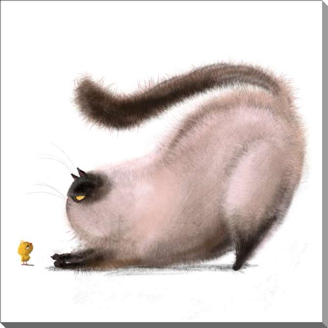 Картины на пластике, пеноркартоне Мультяшный кот и птица