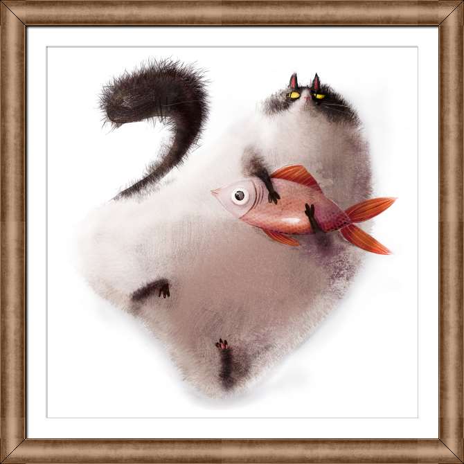 Картины на холсте Мультяшный кот и рыба