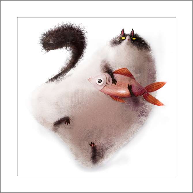 Картины на холсте Мультяшный кот и рыба