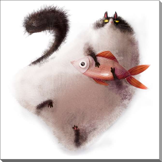 Картины на пластике, пеноркартоне Мультяшный кот и рыба