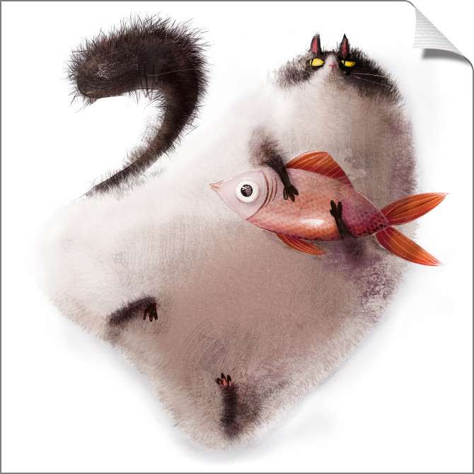 Картины на холсте Мультяшный кот и рыба