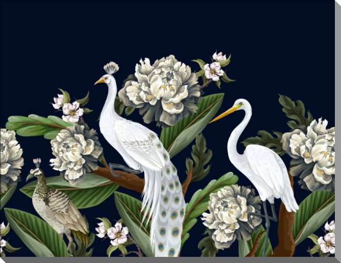 Картины на пластике, пеноркартоне Цапля и павлин с пионами на темном фоне