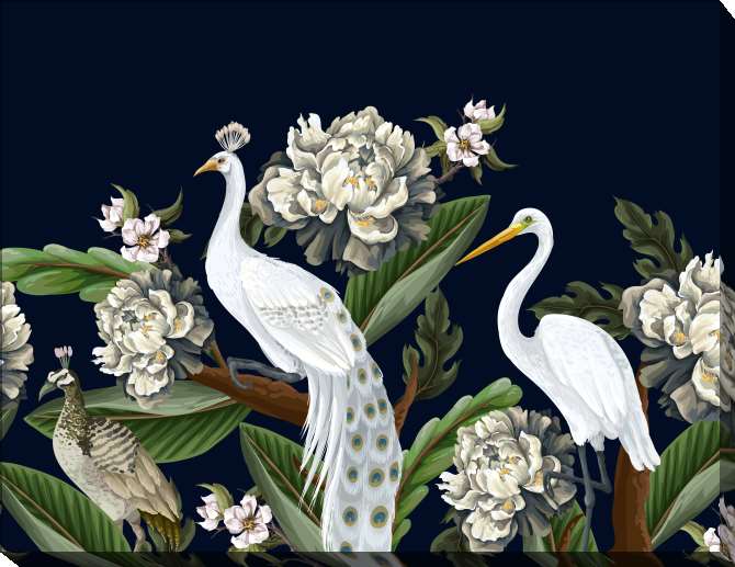 Картины на холсте Heron and peacock with peonies on a dark background