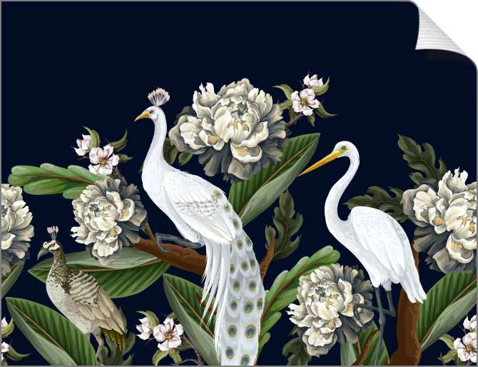 Картины на холсте Цапля и павлин с пионами на темном фоне