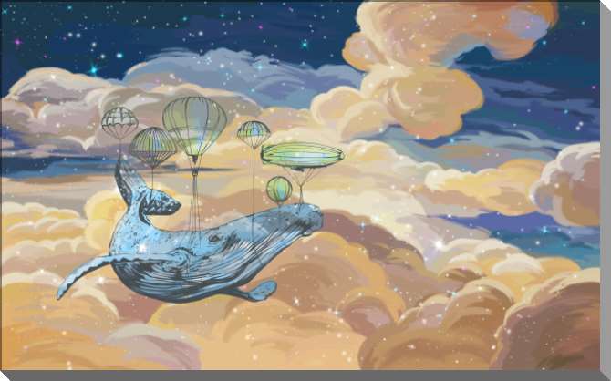 Картины на пластике, пеноркартоне Кит в облаках с воздушными шарами