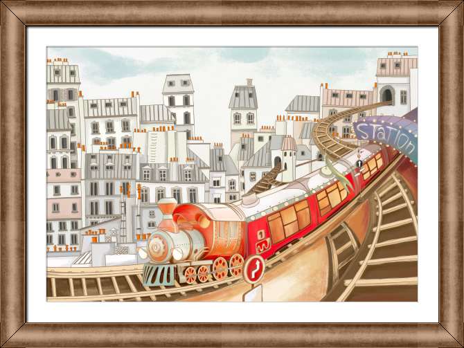 Репродукции картин Красочный поезд на фоне города